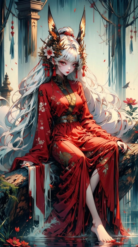 1girl, solo, long hair, breasts, looking at viewer, bangs, large breasts, hair ornament, red eyes, long sleeves, dress, animal ears, sitting, very long hair, tail, full body, flower, white hair, barefoot, hair flower, wide sleeves, water, tree, petals, fox ears, bare legs, fox tail, animal, red dress, fox girl, absurdly long hair, fox