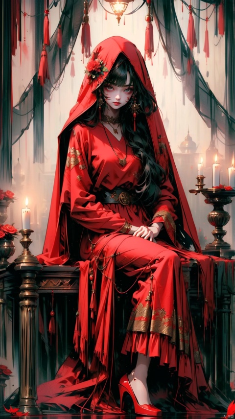 1girl, solo, long hair, looking at viewer, black hair, long sleeves, dress, holding, jewelry, sitting, flower, indoors, hood, necklace, blood, red dress, red flower, veil, blood on face, holding flower, candle, blood on clothes, candlestand