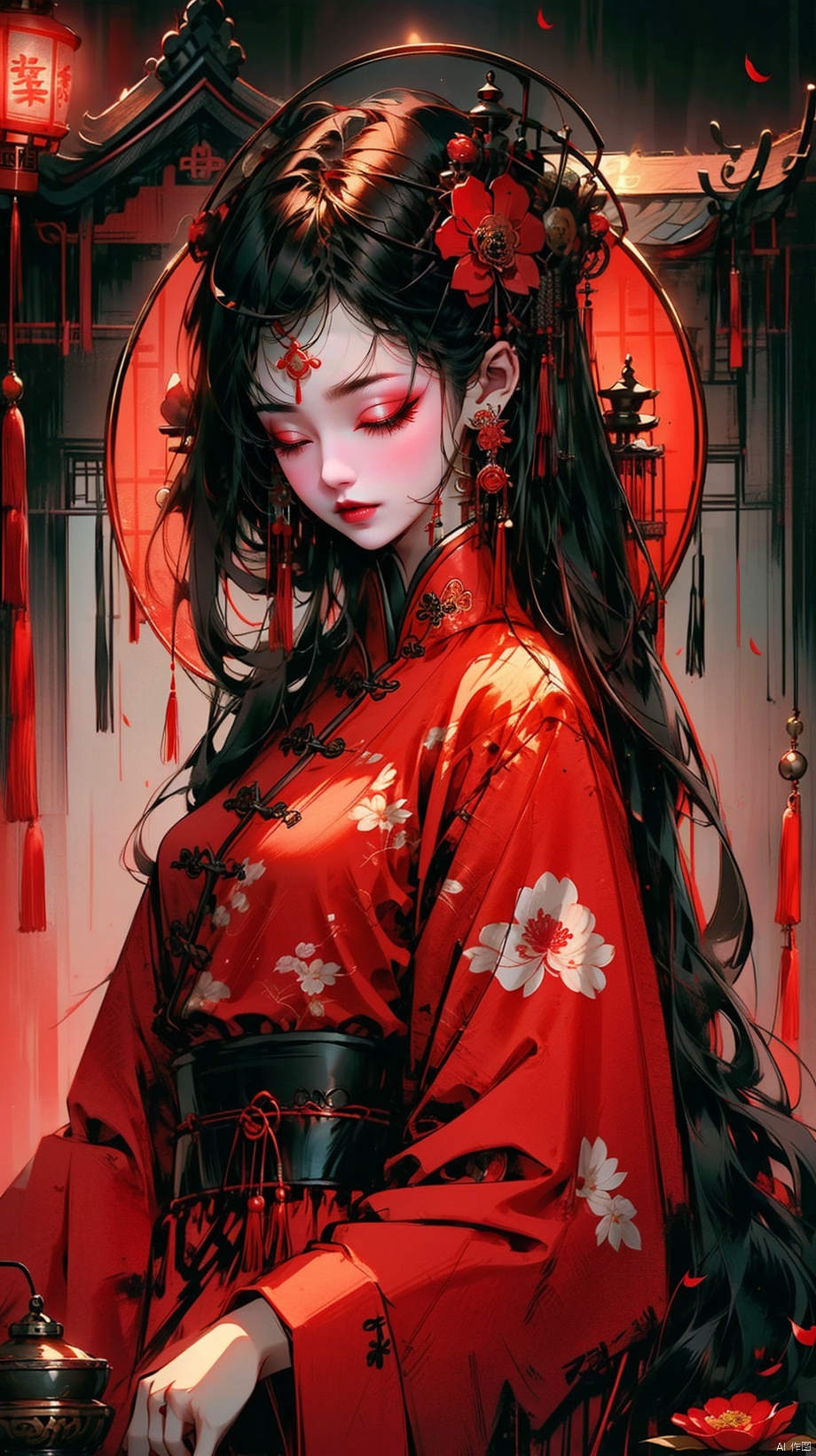 1girl, solo, black hair, hair ornament, holding, jewelry, standing, closed eyes, flower, hairband, earrings, outdoors, hair flower, nail polish, makeup, chinese clothes, lipstick, red flower, red nails, bowl, lantern, red lips, architecture, east asian architecture