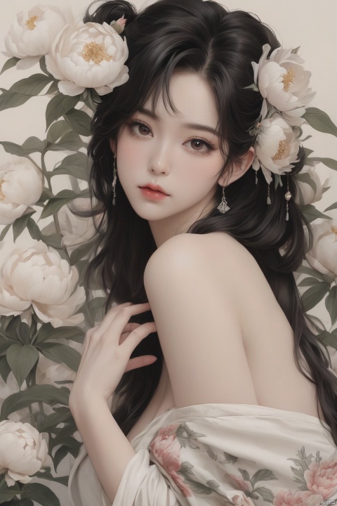 Background Peony, 1 girl, stud ears, long hair, solo, looking at the audience, Peony tattoo, chest, belly, black eyes, actor, flower makeup, off-the-shoulder, shut up, paper, black hair, midriff, upper body, collarbone, sexy, crested, flower, sleeve, tattoo on back