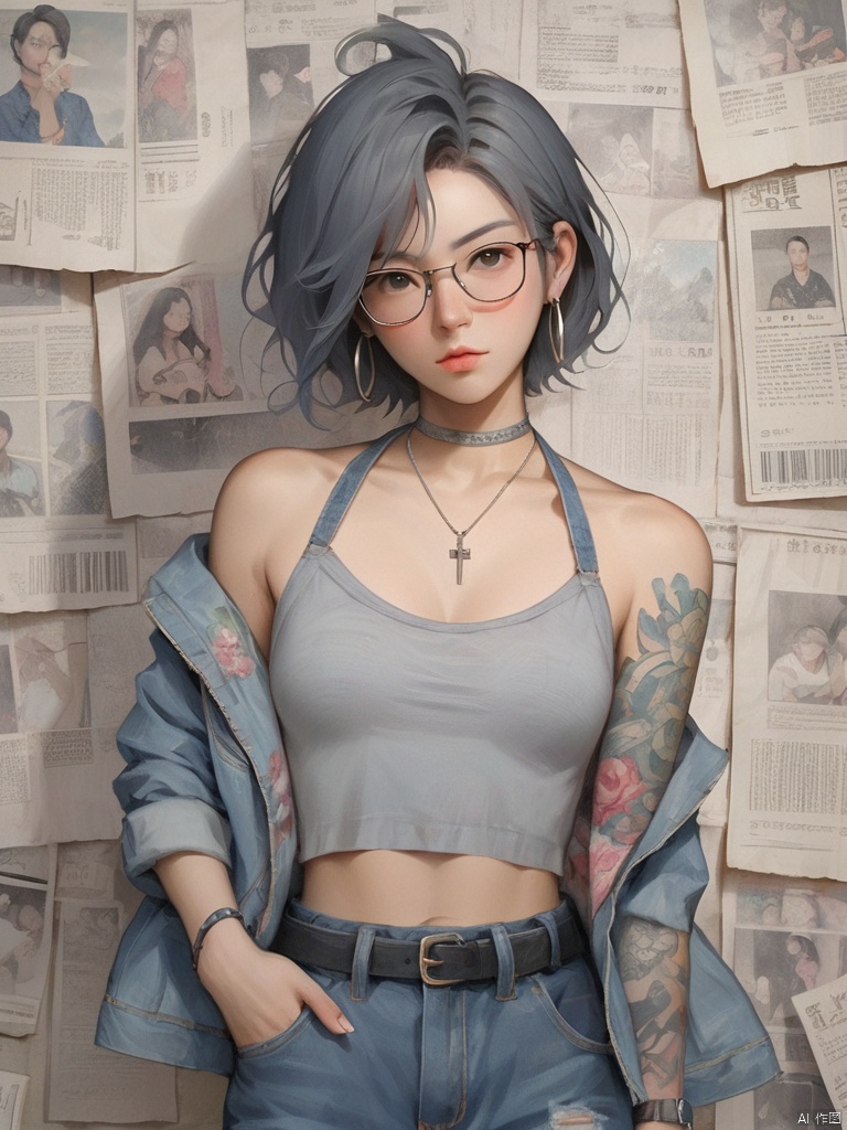 Background, 1 girl, stud ears, short hair, solo, looking at the audience, peony tattoo on arm, chest, denim, jacket, necklace, black eyes, glasses on one hand, pants, off-the-shoulder, Shut up, paper, black hair, crop top, upper body, collarbone, jeans, gray halter shirt,