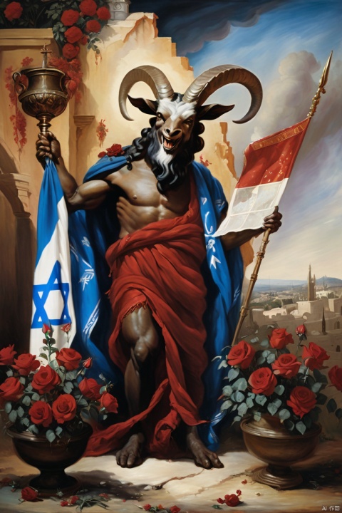 A large Satan draped in the flag of Israel, holding a map in his hand, smiling down at the poor man with the head of a horned goat against a background of blood-red roses