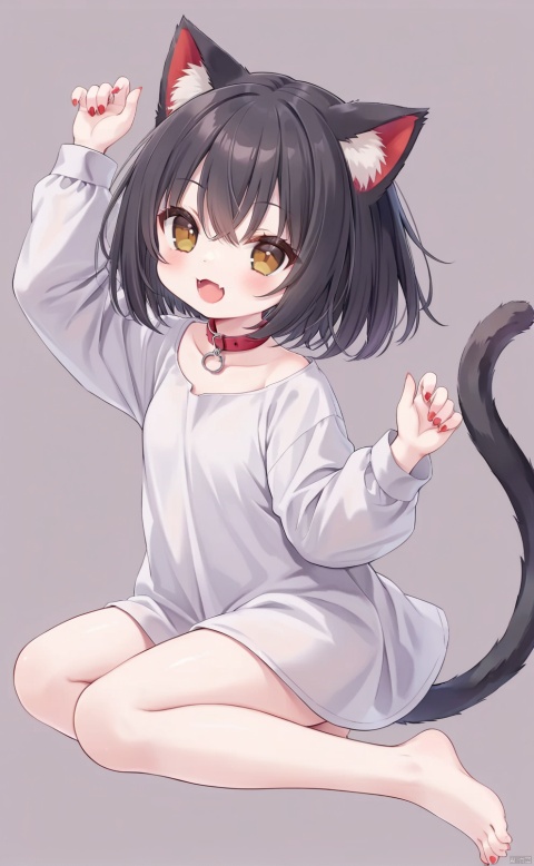 Girl, black hair, short hair, cat ears, brown eyes, laugh, show cute fangs, show fangs, sell cute, head up, red collar, gray tail, oversized shirt, cute background, bare feet, showing legs