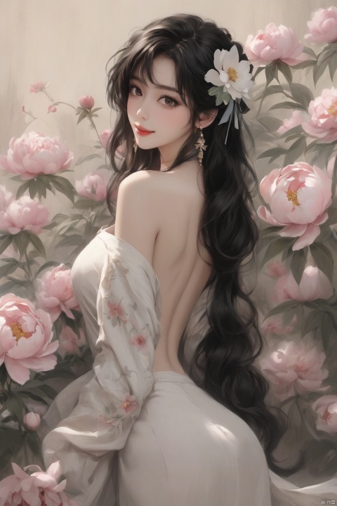 Background Peony, 1 girl, stud ears, long hair, solo, looking at the audience, Peony Tattoo, Chest, belly band, dark eyes, actor, flower makeup, off-the-shoulder, shut up, paper, black hair, crop, topless, collarbone, sexy, Crested, flower, sleeve, Tattoo on back, seductive smile