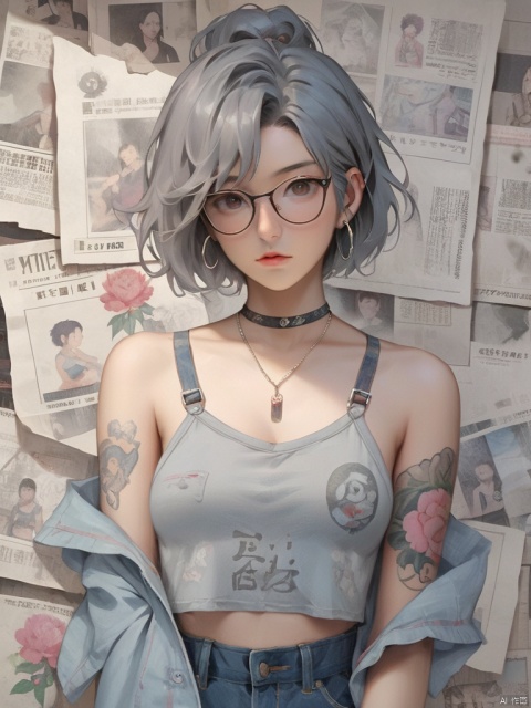 Background, 1 girl, stud ears, short hair, solo, looking at the audience, peony tattoo on arm, chest, necklace, black eyes, glasses on one hand, hot pants, off-the-shoulder, shut up, paper, black hair, midriff, upper body, collarbone, denim short shorts, gray halters shirt
