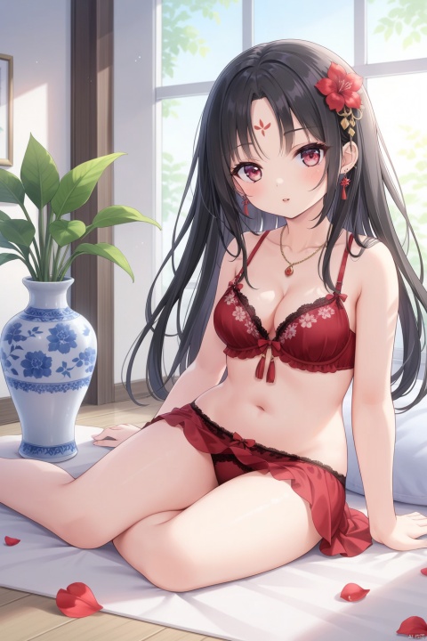 1girl, solo, long hair, breasts, looking at viewer, black hair, hair ornament, navel, cleavage, bare shoulders, jewelry, medium breasts, sitting, underwear, full body, flower, earrings, parted lips, barefoot, day, indoors, necklace, stomach, bra, blurry, lips, petals, bare legs, arm support, facial mark, sunlight, plant, red flower, tassel, hair over shoulder, forehead mark, yokozuwari, vase, loli