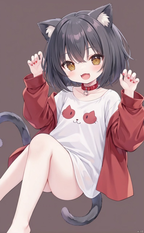 Girl, black hair, short hair, cat ears, brown eyes, laugh, show cute fangs, show fangs, sell cute, head up, red collar, gray tail, oversized shirt, cute background, bare feet, bare legs, all over