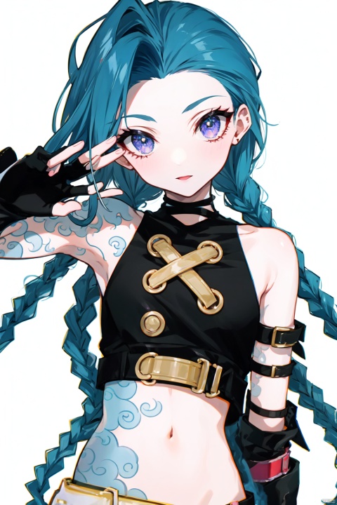 masterpiece,best quality, highly detailed, jinx_(league_of_legends),1girl,solo,navel,looking_at_viewer,arm_tattoo,twin_braids,bare_shoulders,fingerless_gloves,simple background,white background