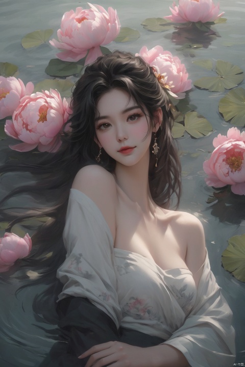 Background Peony, 1 girl, stud ears, long hair, solo, looking at the audience, Peony tattoo, chest, belly, black eyes, actor, flower makeup, bare shoulder, shut up, paper, black hair, bare navel, upper body, collarbone, sexy, crested, flower, water sleeve, tattoo on back, cigarette pot in hand, seducing smile