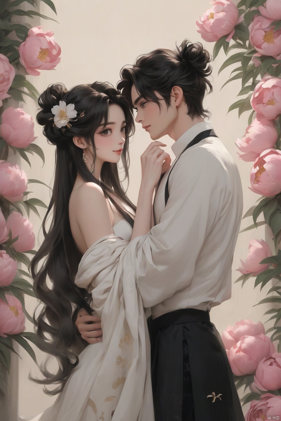  Background Peony, 1 girl, 1 boy, touching together, stud ears, long hair, solo, looking at the audience, Peony tattoo, chest, belly band, black eyes, actor, flower makeup, off-the-shoulder, shut up, paper, black hair, crop, topless, collarbone, sexy, crested, flower, sleeve, tattoo on back,