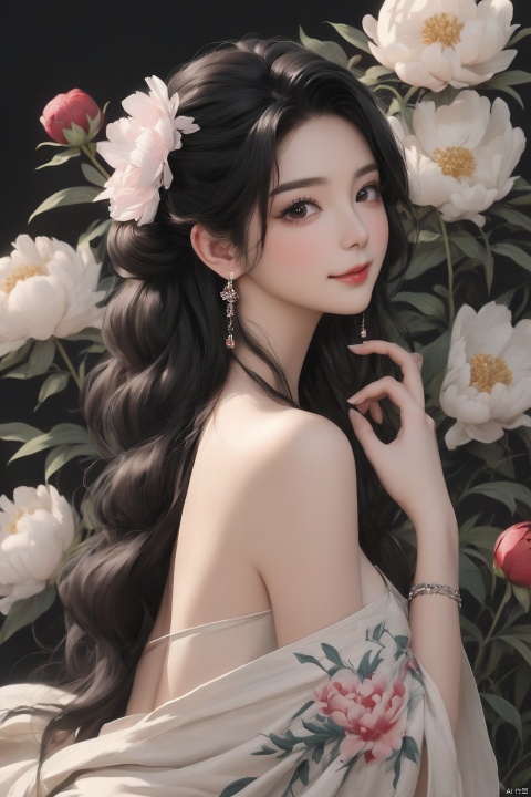  Background Peony, 1 girl, stud ears, long hair, solo, looking at the audience, Peony Tattoo, Chest, belly band, dark eyes, actor, flower makeup, off-the-shoulder, shut up, paper, black hair, crop, topless, collarbone, sexy, Crested, flower, sleeve, Tattoo on back, seductive smile