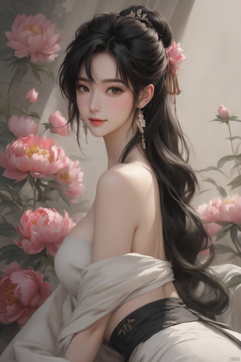 Background Peony, 1 girl, stud ears, long hair, solo, looking at the audience, Peony Tattoo, Chest, belly band, dark eyes, actor, flower makeup, off-the-shoulder, shut up, paper, black hair, crop, topless, collarbone, sexy, Crested, flower, sleeve, Tattoo on back, seductive smile