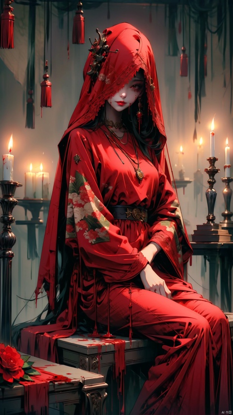 1girl, solo, long hair, looking at viewer, black hair, long sleeves, dress, holding, jewelry, sitting, flower, indoors, hood, necklace, blood, red dress, red flower, veil, blood on face, holding flower, candle, blood on clothes, candlestand