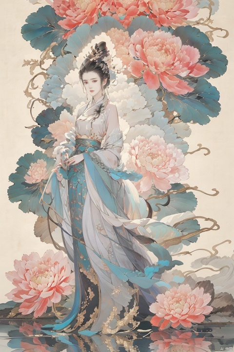  ((4k,masterpiece,best quality)),shuimobysim,traditional chinese ink painting,lotus,hanfu,maxiskit,dress conservatively 1 girl,（solo:1.5),Black hair,long hair,long skirt,white skirt,Hanfu,mountain,forest,bird,cloud,looking at the audience,whole body,standing on the water,forest,perfect female figure,ruhua,