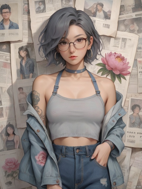 Background, 1 girl, stud ears, short hair, solo, looking at the audience, peony tattoo on arm, chest, denim, jacket, necklace, black eyes, glasses on one hand, pants, off-the-shoulder, Shut up, paper, black hair, crop top, upper body, collarbone, jeans, gray halter shirt,