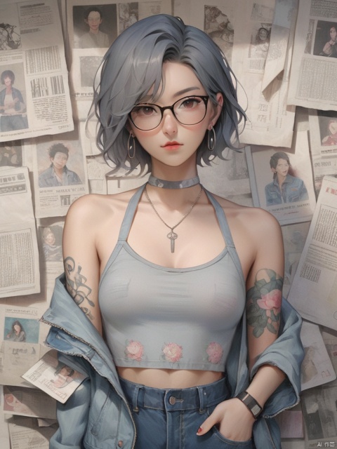 Background, 1 girl, stud ears, short hair, solo, looking at the audience, Peony Tattoo, Chest, denim, Jacket, Necklace, black eyes, Glasses held with one hand, Pants, Off-the-shoulder, Shut up, paper, black hair, crop top, upper body, collarbone, jeans, gray halter shirt
