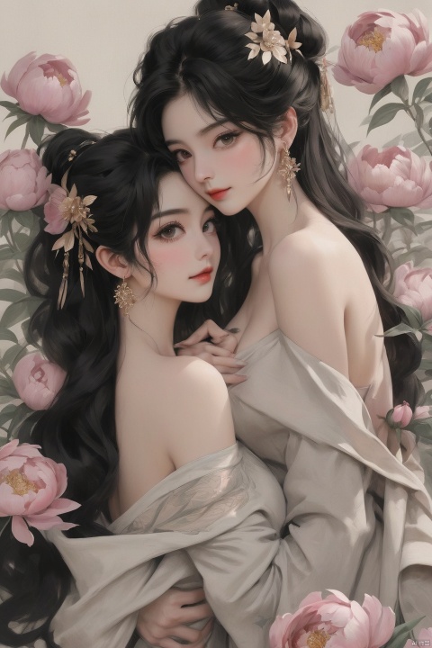 Background Peony, 2 girls, touching together, stud earrings, long hair, solo, looking at the audience, Peony tattoo, chest, belly band, dark eyes, actor, flower makeup, off-the-shoulder, shut up, paper, black hair, crop, topless, collarbone, sexy, crested, flower, sleeve, tattoo on back,