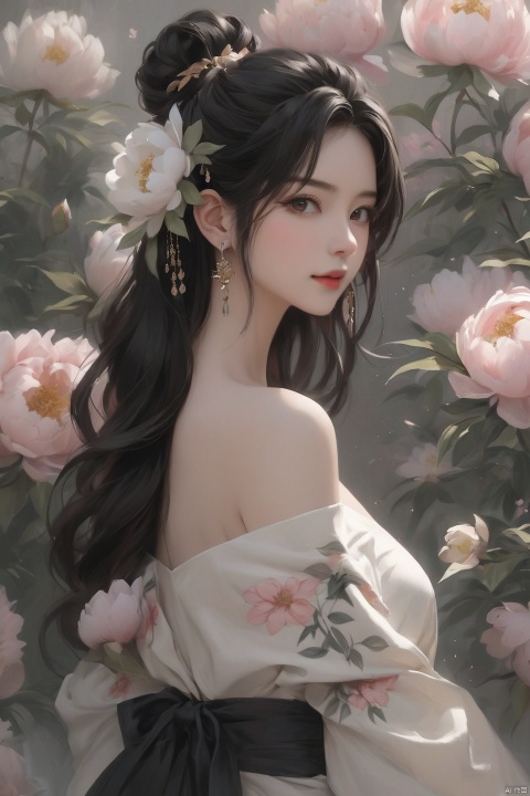 Background Peony, 1 girl, stud ears, long hair, solo, looking at the audience, Peony tattoo, chest, belly, black eyes, actor, flower makeup, off-the-shoulder, shut up, paper, black hair, midriff, upper body, collarbone, sexy, crested, flower, sleeve, tattoo on back