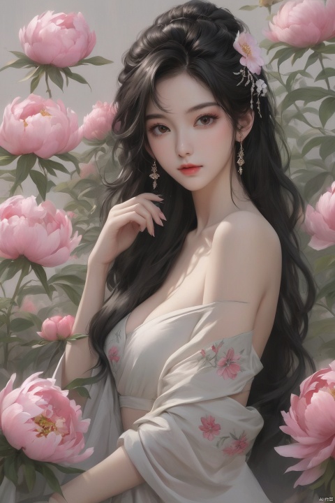 Background Peony, 1 girl, stud ears, long hair, solo, looking at the audience, Peony tattoo, chest, belly, black eyes, actor, flower makeup, off-the-shoulder, shut up, paper, black hair, midriff, upper body, collarbone, sexy, crested, flower, sleeve, tattoo on back