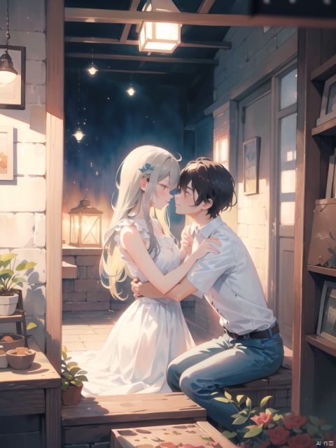 Describe the scene of a couple in love, lingering together, warm and sweet scene, warm colors, high-definition picture quality, delicate and beautiful faces, illustrations, cartoon style, romance, watercolor paintings