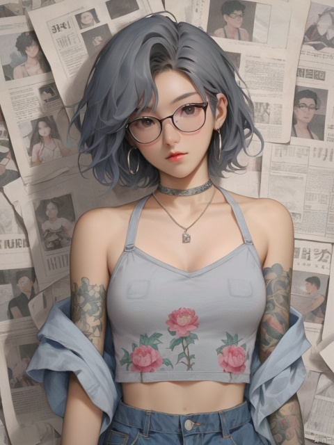 Background, 1 girl, stud ears, short hair, solo, looking at the audience, peony tattoo on arm, chest, necklace, black eyes, glasses on one hand, hot pants, off-the-shoulder, shut up, paper, black hair, midriff, upper body, collarbone, denim short shorts, gray halters shirt
