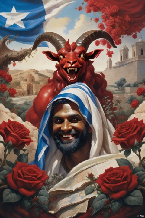 A giant, smiling Satan draped in the flag of Israel, holding a map, looks down on a human with the head of a twisting horned goat against a background of blood-red roses