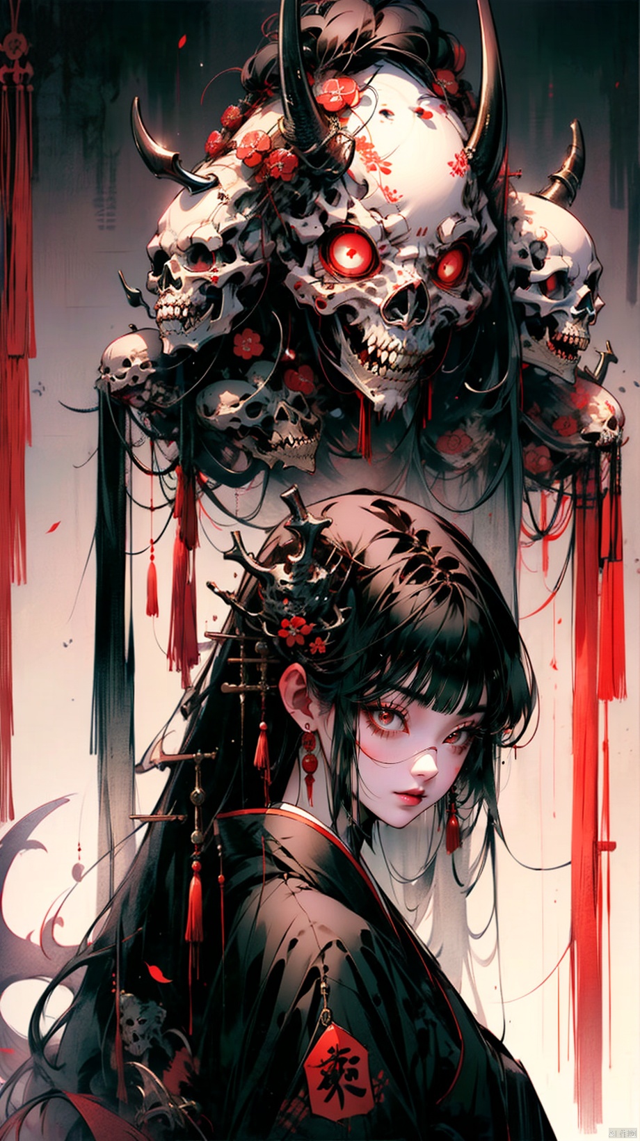 Girl, solo, long hair, looking at the audience, black hair, red eyes, very long hair, tail, Japanese clothes, horns, kimono, mask, monster girl, pale skin, Sara, Geta, upper body bare, human bones, skeletons