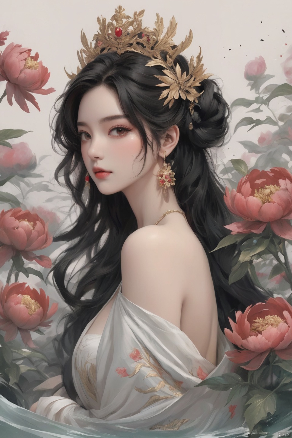 Background Peony, 1 girl, stud ears, long hair, solo, looking at the audience, peony tattoo on the arm, chest, belly, black eyes, actor, flower makeup, bare shoulder, shut up, paper, black hair, crop, upper body, collarbone, sexy, Phoenix crown, flower, water sleeve, flower tattoo on the back