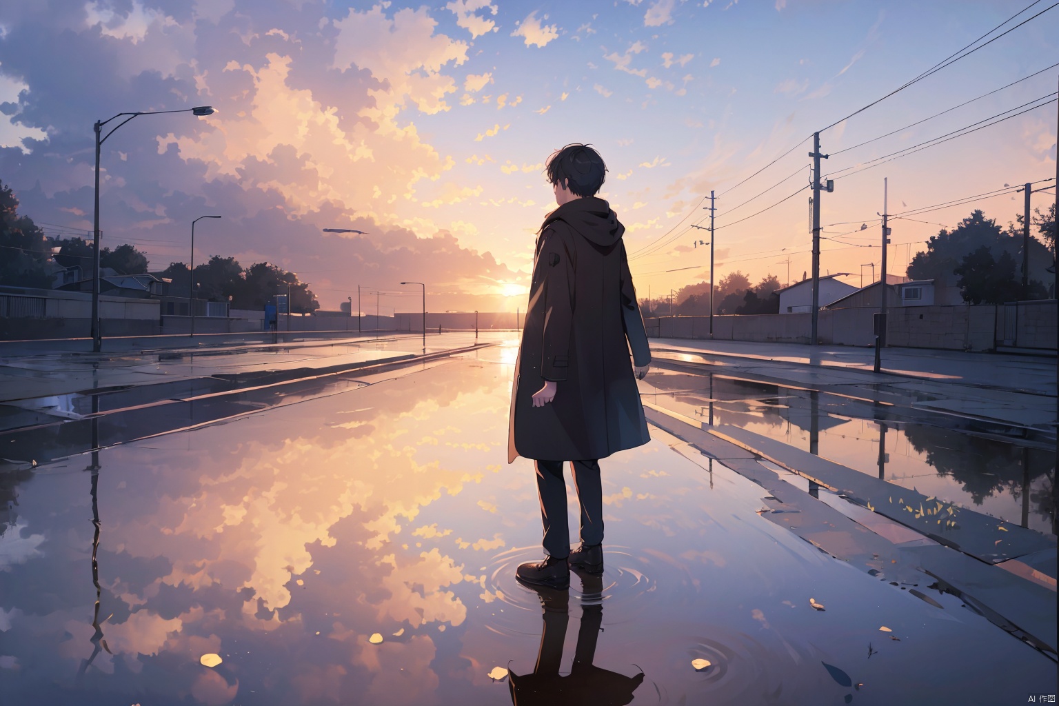 1girl, 1boy, standing, outdoors, sky, shoes, pants, cloud, hood, coat, black pants, hood up, reflection, sunset, puddle