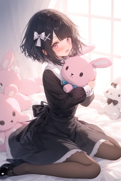 Girl, solo, short hair, looking at the audience, blush, open mouth, bangs, shirt, black hair, long sleeves, dress, bow, ribbon, sit, whole body, trim, shoes, hairpin, square, puffy sleeves, indoors, pink eyes, black shoes, black dress, heels, window, black bow, wariza, stuffed toy, trim dress, Stuffed animal, x hair accessories, white dress, object cuddle, stuffed rabbit, cuddle stuffed toy, pantyhose, girl