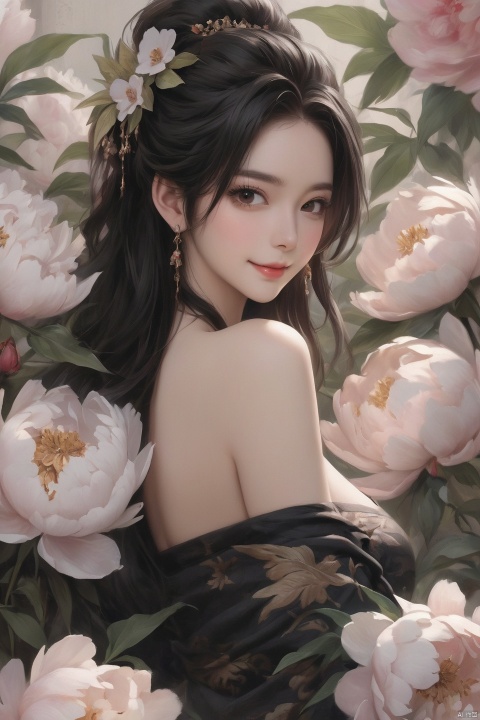 Background Peony, 1 girl, stud ears, long hair, solo, looking at the audience, Peony Tattoo, Chest, belly band, dark eyes, actor, flower makeup, off-the-shoulder, shut up, paper, black hair, crop, topless, collarbone, sexy, Crested, flower, sleeve, Tattoo on back, seductive smile