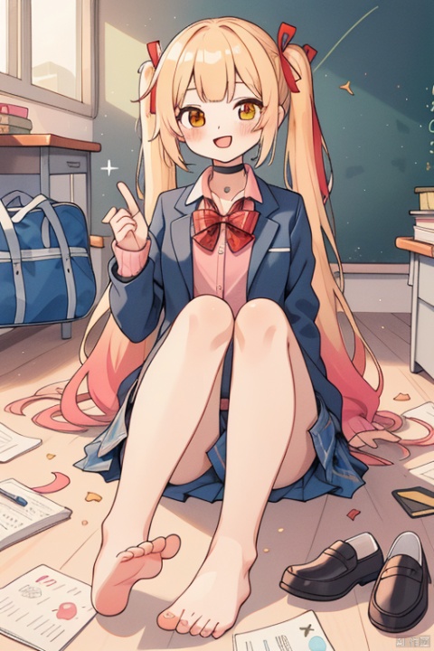 1girl, solo, long hair, looking at viewer, blush, smile, open mouth, bangs, skirt, blonde hair, shirt, red eyes, long sleeves, bow, ribbon, twintails, sitting, very long hair, school uniform, jacket, full body, hair ribbon, yellow eyes, white shirt, pink hair, :d, multicolored hair, pleated skirt, open clothes, shoes, barefoot, choker, collared shirt, indoors, virtual youtuber, hand up, miniskirt, bowtie, bag, black footwear, red bow, feet, open jacket, red ribbon, blue skirt, black jacket, legs, plaid, bare legs, dress shirt, gradient hair, toes, heterochromia, black choker, plaid skirt, soles, blazer, cardigan, loafers, red bowtie, knees up, desk, school bag, pink shirt, classroom, foot focus, school desk, shoes removed, on desk, pink cardigan, hoshikawa sara