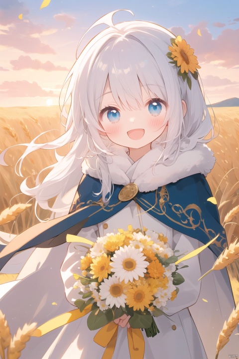 (Drawn by Lynn Okamoto), center frame, clear focus, (panoramic, wide Angle shot), best quality, works, very detailed, detailed background, (from top :1.2), 1 boy, Cat Man, solo,loli, blue eyes, white hair, close one eye, smile, open mouth, windswept hair, side, fluffy hair, French, blush, smile, cape, sunset, dusk, scenery, golden sky, high place, horizon, wheat fields, wheat ears, wind, wind blowing, looking at the audience, (depth of field), Bokeh, (bouquet :1.3), (bouquet :1.2), (middle):0.5,