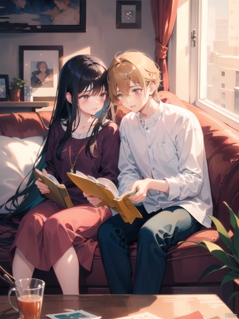 Describe the scene of a couple in love, reading together, warm and sweet scene, warm colors, high-definition picture quality, delicate and beautiful faces, illustrations, cartoon style, romance, watercolor paintings
