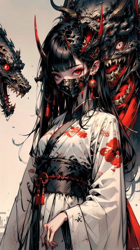 1girl, solo, long hair, looking at viewer, black hair, red eyes, very long hair, tail, japanese clothes, horns, kimono, mask, monster girl, pale skin, sarashi, geta