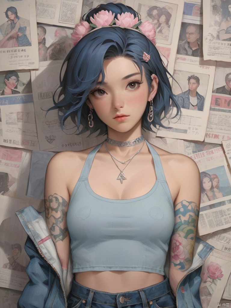 Background, 1 girl, Jewelry, stud ears, short hair, solo, looking at the audience, Tattoo (peony tattoo), Chest, denim, Jacket, Necklace, Blue eyes, Pants, Pink tiara, Off-the-shoulder, Shut up, paper, black hair, crop top, Upper body, collarbone, Jeans, halter shirt,