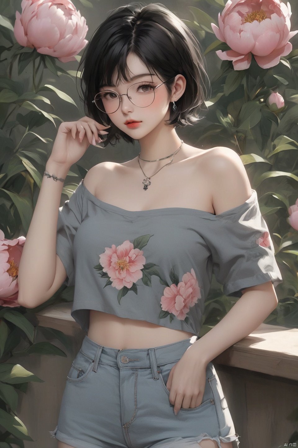 
Background, 1 girl, stud ears, short hair, solo, looking at the audience, peony tattoo on arm, chest, necklace, black eyes, glasses on one hand, hot pants, off-the-shoulder, shut up, paper, black hair, midriff, upper body, collarbone, denim short shorts, gray halters shirt