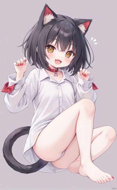 Girl, black hair, short hair, cat ears, brown eyes, laugh, show cute fangs, show fangs, sell cute, head up, red collar, gray tail, oversized shirt, cute background, bare feet, showing legs