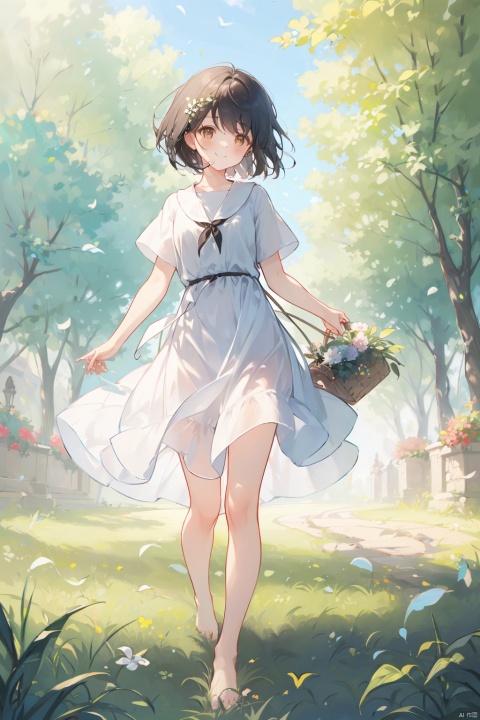 Girl, looking at the audience, blushing, smiling, short hair, bangs, black hair, clothes, holding, brown eyes, standing, whole body, flowers, short sleeves, outdoors, shoes, barefoot, day, white clothes, dress, white dress, tree, perspective, bare legs, leaves, grass, wind, basket, one hand holding hair, fallen leaves