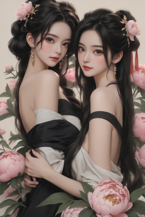 Background Peony, 2 girls, touching together, stud earrings, long hair, solo, looking at the audience, Peony tattoo, chest, belly band, dark eyes, actor, flower makeup, off-the-shoulder, shut up, paper, black hair, crop, topless, collarbone, sexy, crested, flower, sleeve, tattoo on back,