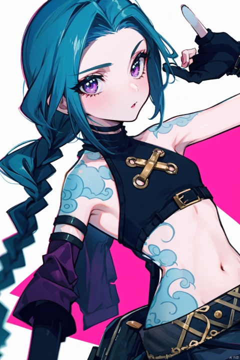 masterpiece,best quality, highly detailed, jinx_(league_of_legends),1girl,solo,navel,looking_at_viewer,arm_tattoo,twin_braids,bare_shoulders,fingerless_gloves,simple background,white background