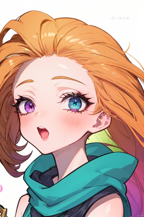 masterpiece,best quality, highly detailed, zoe (league of legends),1girl,solo,open mouth,blush,heterochromia,navel,looking at viewer,simple background,white background
