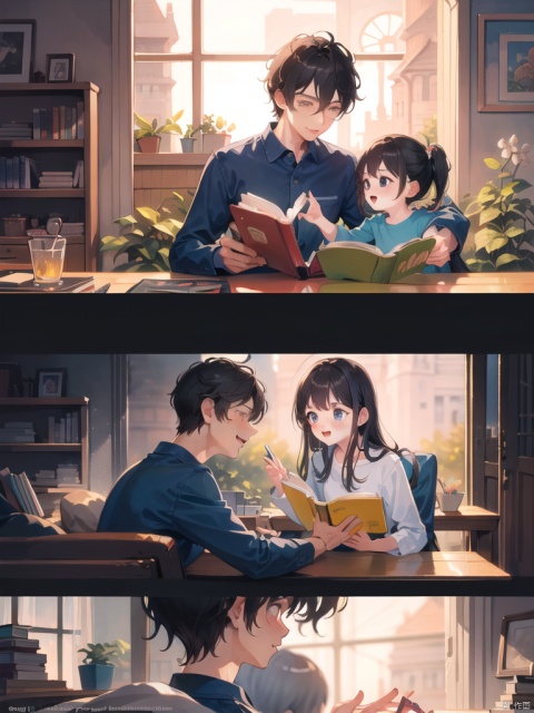  Describe parents and children learning together, reading books, warm scenes, warm colors, high-definition quality, exquisite and beautiful faces, illustrations, cartoon style, romance, watercolor painting,