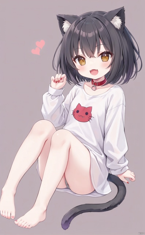 Girl, black hair, short hair, cat ears, brown eyes, laugh, show cute fangs, show fangs, sell cute, head up, red collar, gray tail, oversized shirt, cute background, bare feet, bare legs, all over