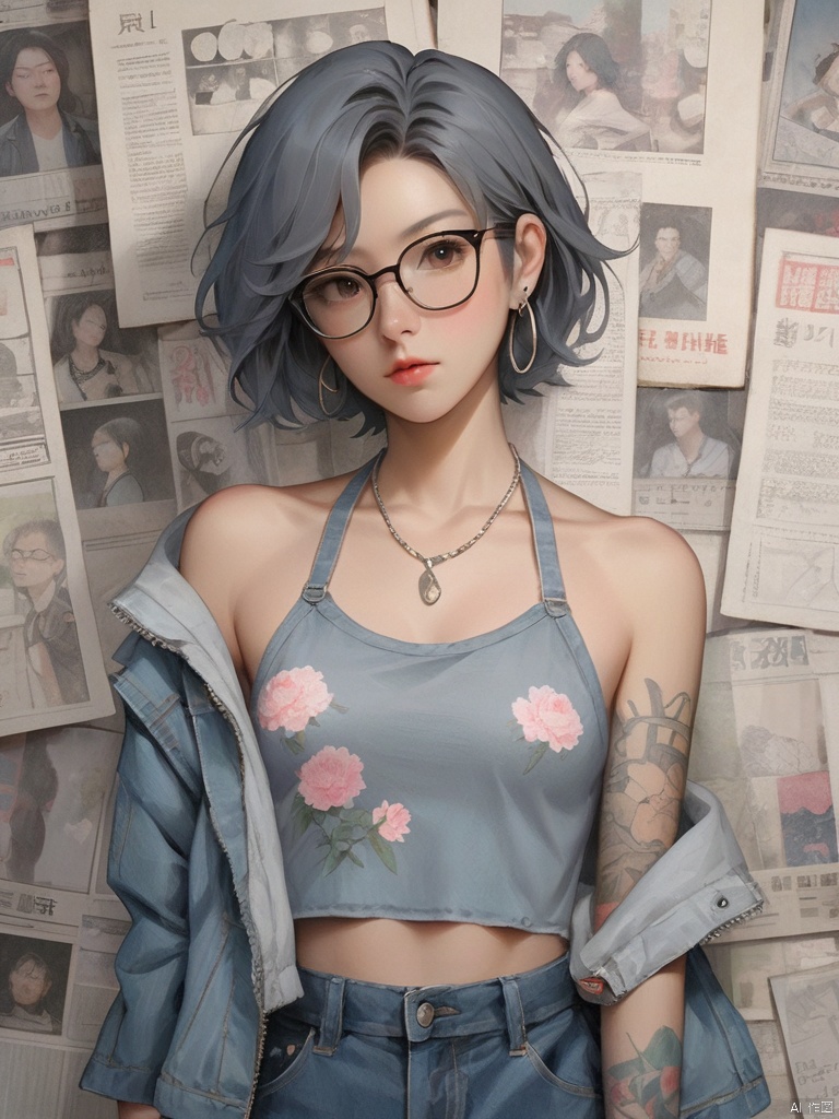 Background, 1 girl, stud ears, short hair, solo, looking at the audience, peony tattoo on arm, chest, denim, jacket, necklace, black eyes, glasses on one hand, pants, off-the-shoulder, Shut up, paper, black hair, crop top, upper body, collarbone, jeans, gray halter shirt,