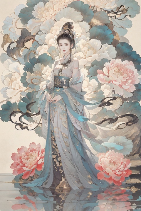  ((4k,masterpiece,best quality)),shuimobysim,traditional chinese ink painting,lotus,hanfu,maxiskit,dress conservatively 1 girl,（solo:1.5),Black hair,long hair,long skirt,white skirt,Hanfu,mountain,forest,bird,cloud,looking at the audience,whole body,standing on the water,forest,perfect female figure,ruhua,