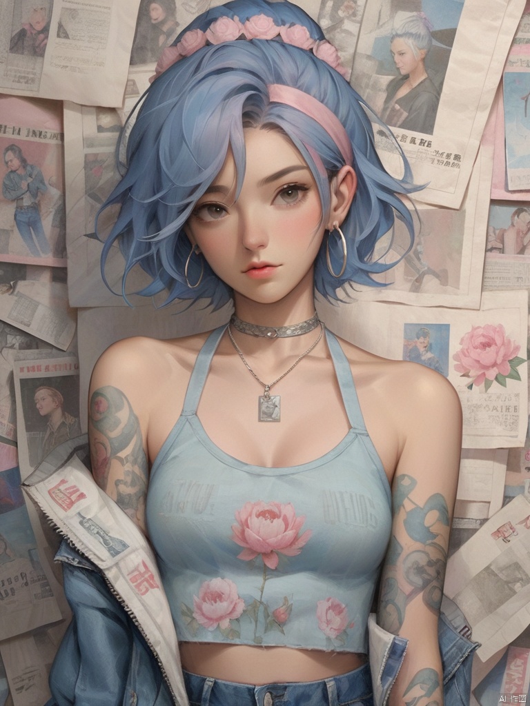 Background, 1 girl, Jewelry, earrings, short hair, solo, looking at the audience, Tattoo (peony tattoo), Chest, denim, Jacket, Necklace, Blue eyes, Pants, Pink tiara, Off-the-shoulder, Shut up, paper, Blue hair, crop top, Upper body, collarbone, Jeans, halter shirt,