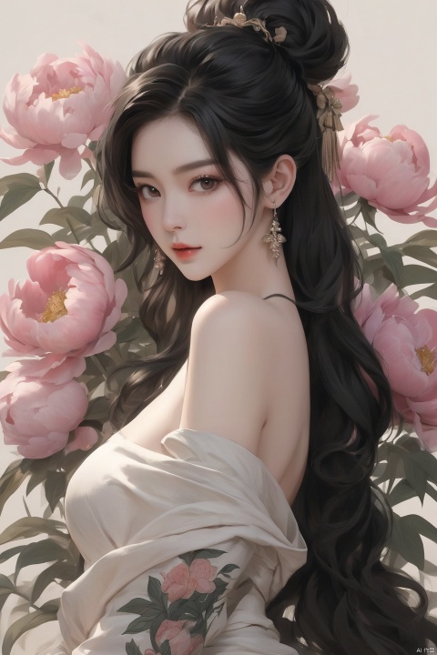  Background Peony, 1 girl, stud ears, long hair, solo, looking at the audience, peony tattoo on the arm, chest, belly, black eyes, actor, flower makeup, off-the-shoulder, shut up, paper, black hair, crop, upper body, collarbone, sexy, crested, flower, sleeve, tattoo