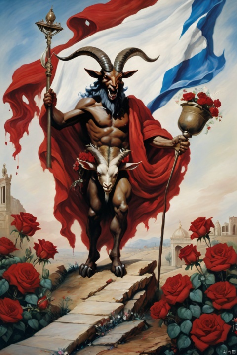 A large, smiling Satan draped in the flag of Israel, holding a map, looks down on a human with a head of a horned goat, against a background of blood-red roses and blood