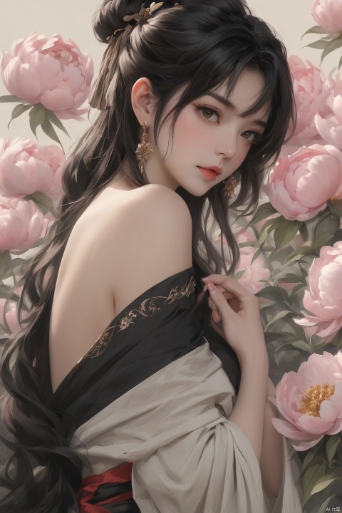 Background Peony, 1 girl, stud ears, long hair, solo, looking at the audience, Peony tattoo, chest, belly, black eyes, actor, flower makeup, off-the-shoulder, shut up, paper, black hair, midriff, upper body, collarbone, sexy, crested, flower, sleeve, tattoo on back